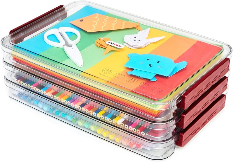 CATOOMUU A4 Storage File Box 9 X 13 Clear Stackable Slim Plastic Portable Project Case For Letter Paper Photo Documents Scrapbook, 3 Count - Image 1